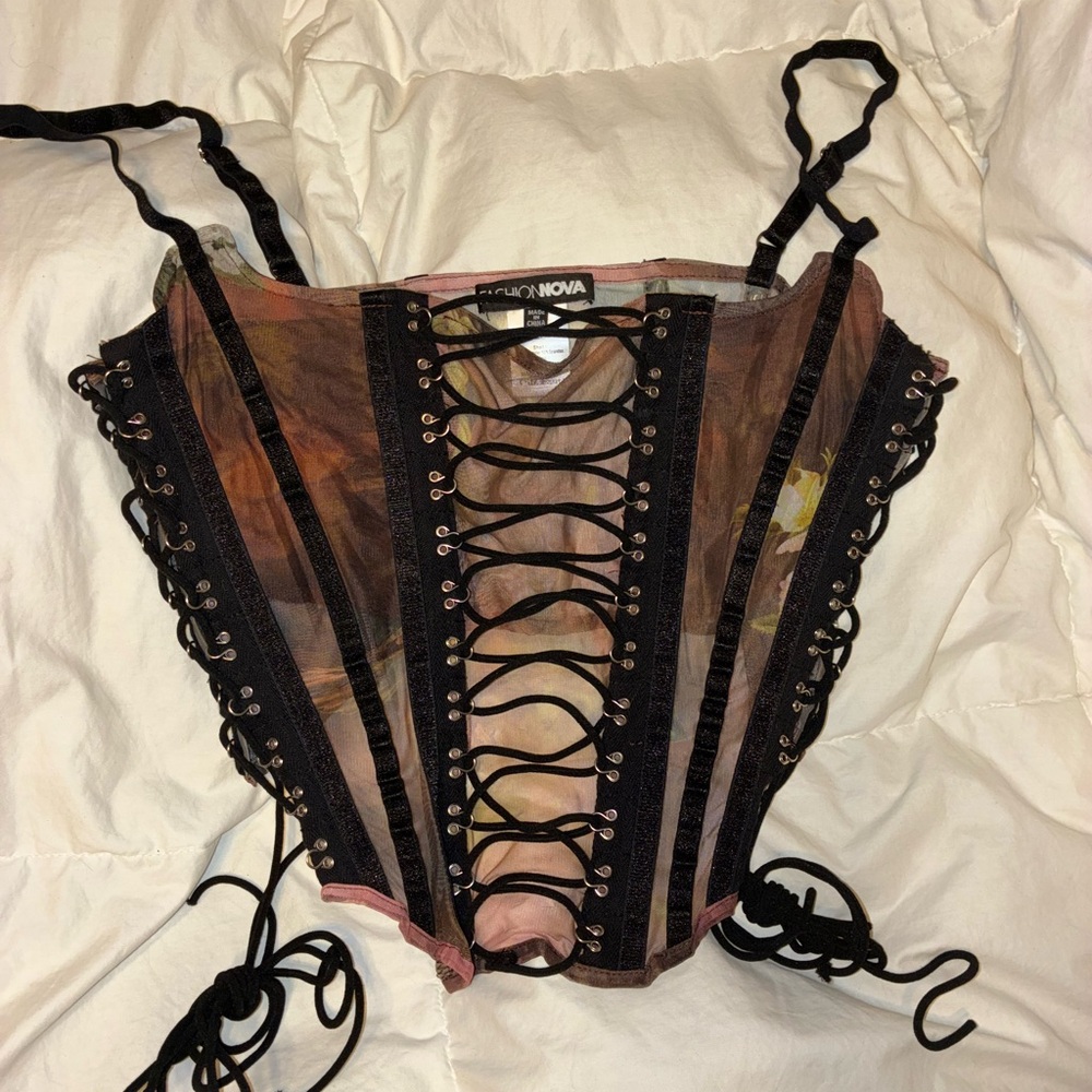 Fashion Nova Women's Pink Mesh Lace-Up Corset Top